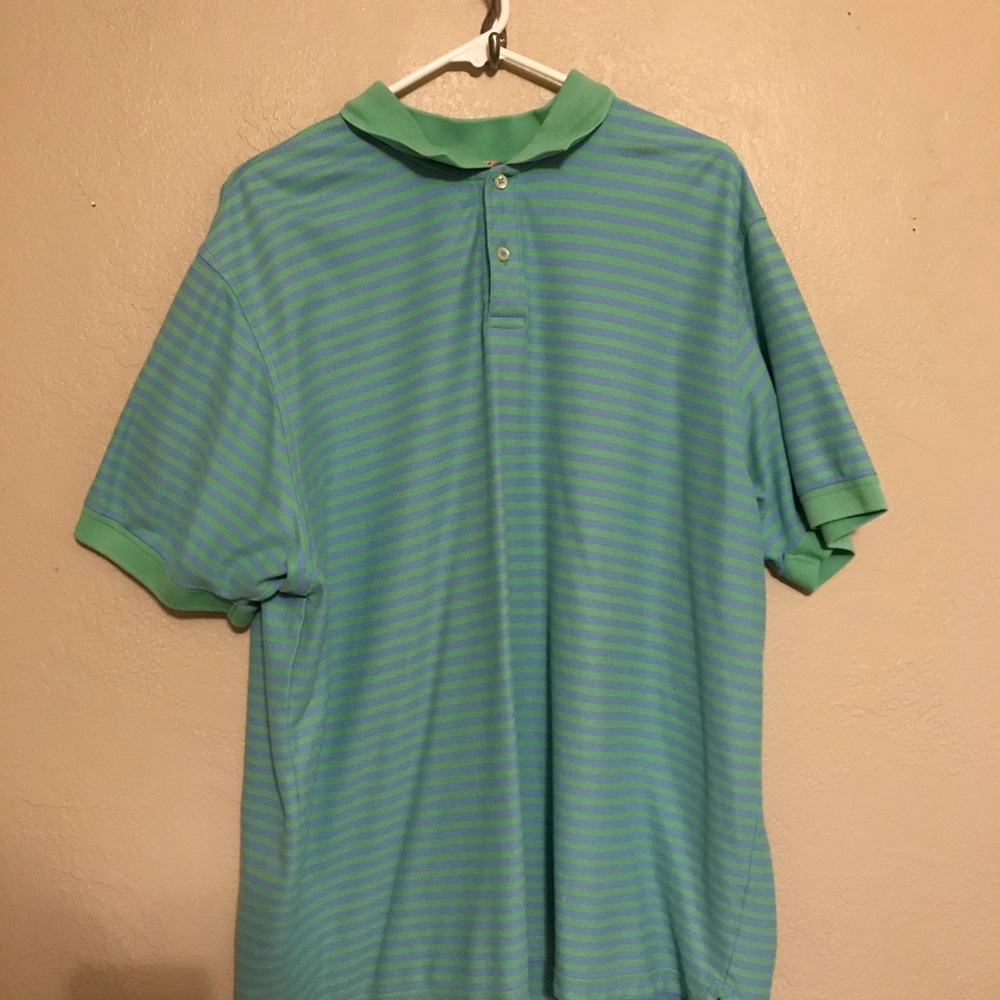 Blue and green striped polo
